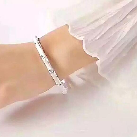 Sterling Silver Bamboo Engraved Cuff Bangle Bracelet - Picture 6 of 7